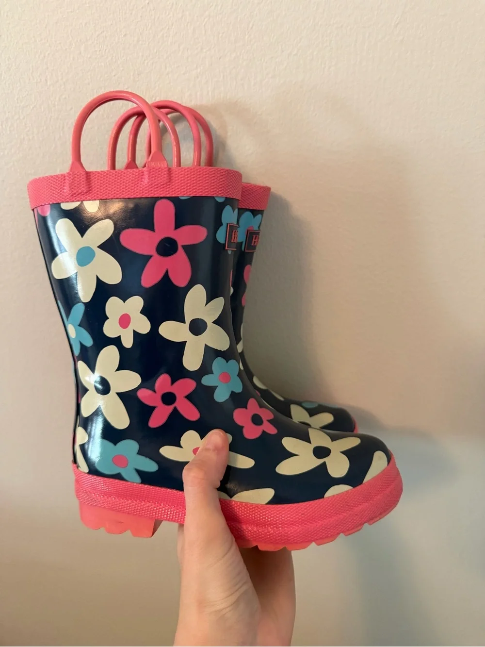 Hatley Navy Floral Kids Rain Boots with Pink Trim